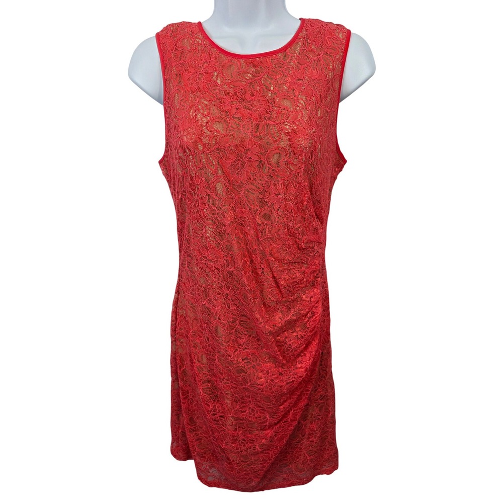 Vince Camuto Peach Floral Lace Ruched Sheath Dress Lined Sleeveless Size 12 /R29